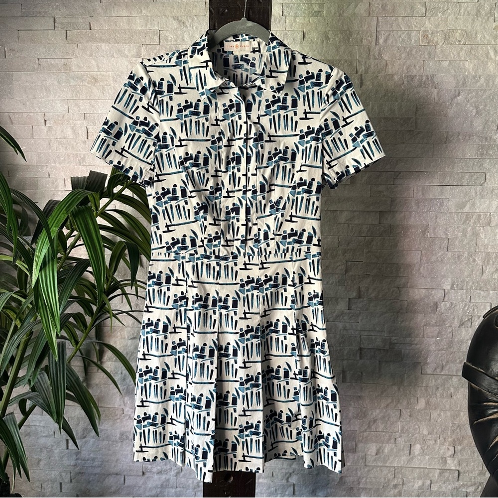 Tory Burch Figurine Stretch Poplin Shirt Dress Blue & White Print Size 2